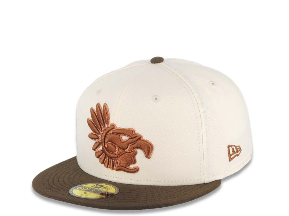 Mexico Aztec New Era 59FIFTY 5950 Fitted Cap Hat Cream Crown Brown Visor Brown Headdress Logo Mexico Flag Side Patch Gray UV