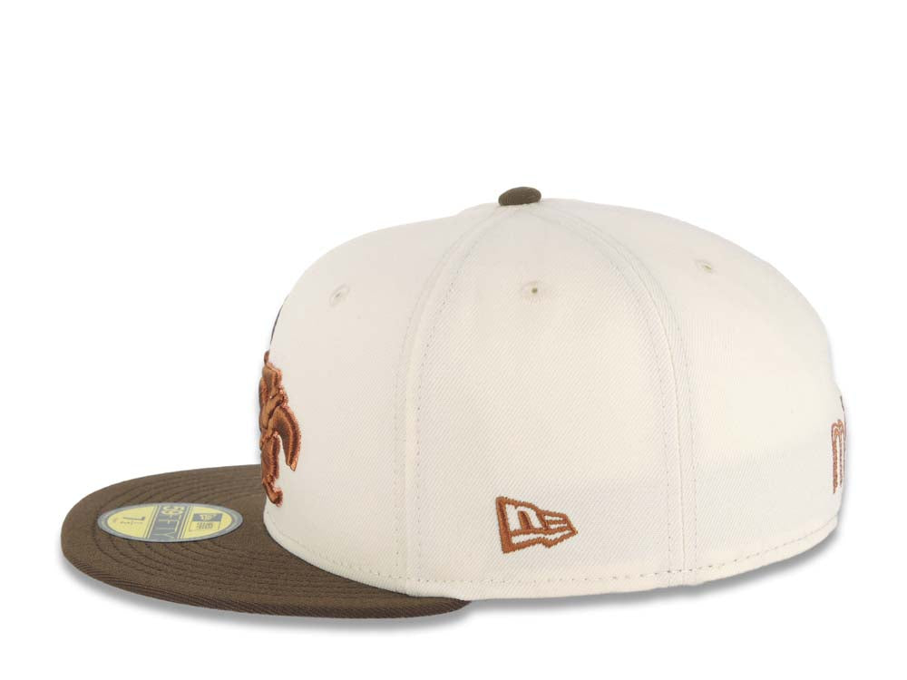 Mexico Aztec New Era 59FIFTY 5950 Fitted Cap Hat Cream Crown Brown Visor Brown Headdress Logo Mexico Flag Side Patch Gray UV