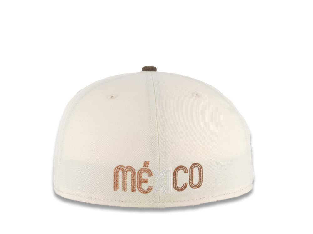Mexico Aztec New Era 59FIFTY 5950 Fitted Cap Hat Cream Crown Brown Visor Brown Headdress Logo Mexico Flag Side Patch Gray UV