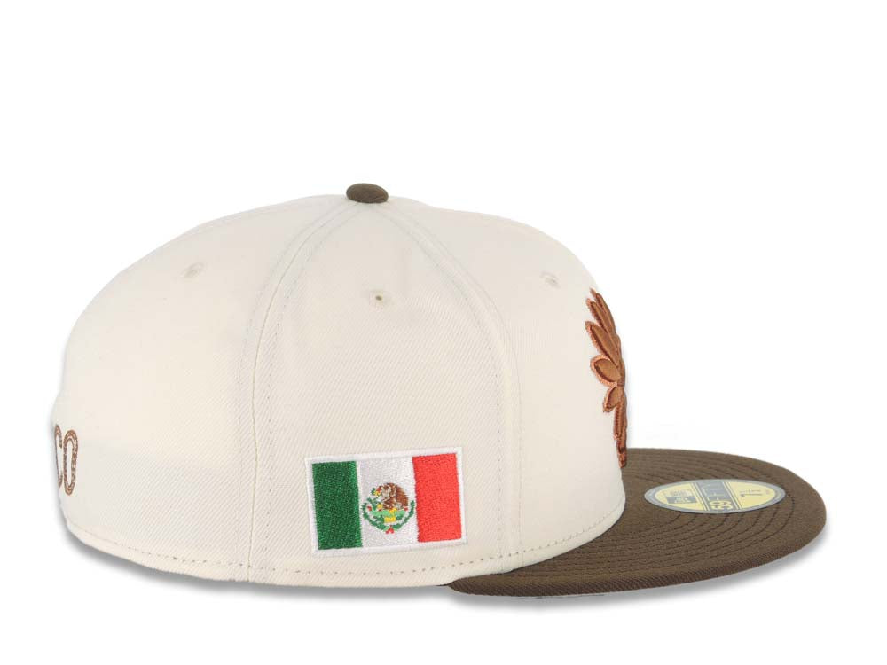 Mexico Aztec New Era 59FIFTY 5950 Fitted Cap Hat Cream Crown Brown Visor Brown Headdress Logo Mexico Flag Side Patch Gray UV