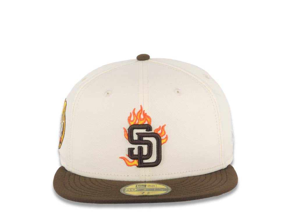 San Diego Padres New Era MLB 59FIFTY 5950 Fitted Cap Hat Cream Crown Brown Visor Brown with Flame Logo 20 Years Petco Park Side Patch