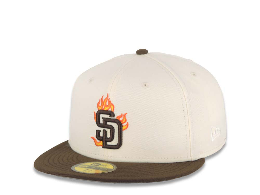 San Diego Padres New Era MLB 59FIFTY 5950 Fitted Cap Hat Cream Crown Brown Visor Brown with Flame Logo 20 Years Petco Park Side Patch