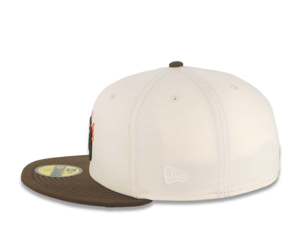 San Diego Padres New Era MLB 59FIFTY 5950 Fitted Cap Hat Cream Crown Brown Visor Brown with Flame Logo 20 Years Petco Park Side Patch