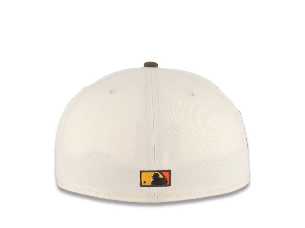 San Diego Padres New Era MLB 59FIFTY 5950 Fitted Cap Hat Cream Crown Brown Visor Brown with Flame Logo 20 Years Petco Park Side Patch