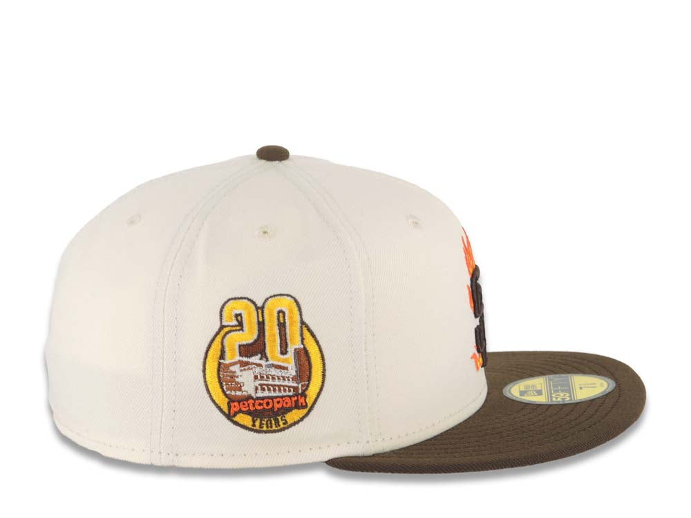 San Diego Padres New Era MLB 59FIFTY 5950 Fitted Cap Hat Cream Crown Brown Visor Brown with Flame Logo 20 Years Petco Park Side Patch