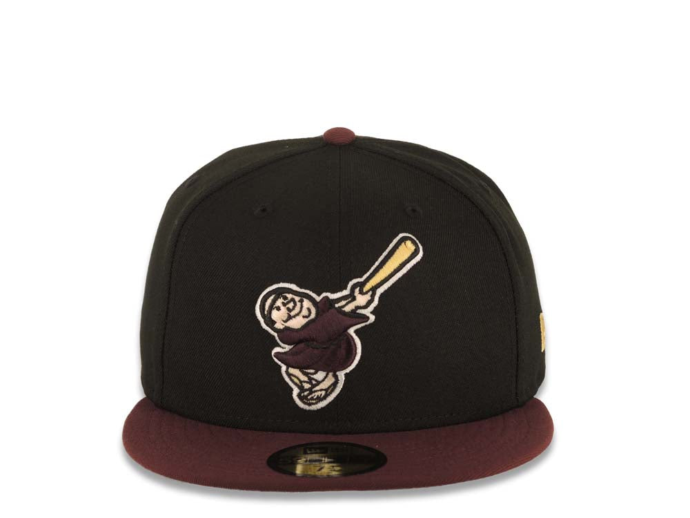 San Diego Padres New Era MLB 59FIFTY 5950 Fitted Cap Hat Black Crown Maroon Visor Maroon/Yellow Swinging Friar Logo Gray UV