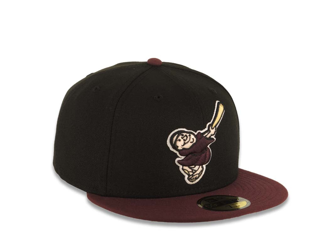 San Diego Padres New Era MLB 59FIFTY 5950 Fitted Cap Hat Black Crown Maroon Visor Maroon/Yellow Swinging Friar Logo Gray UV