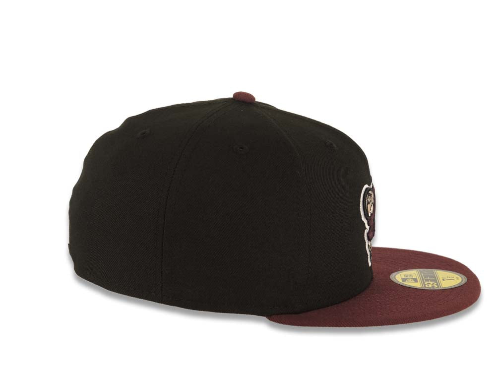 San Diego Padres New Era MLB 59FIFTY 5950 Fitted Cap Hat Black Crown Maroon Visor Maroon/Yellow Swinging Friar Logo Gray UV