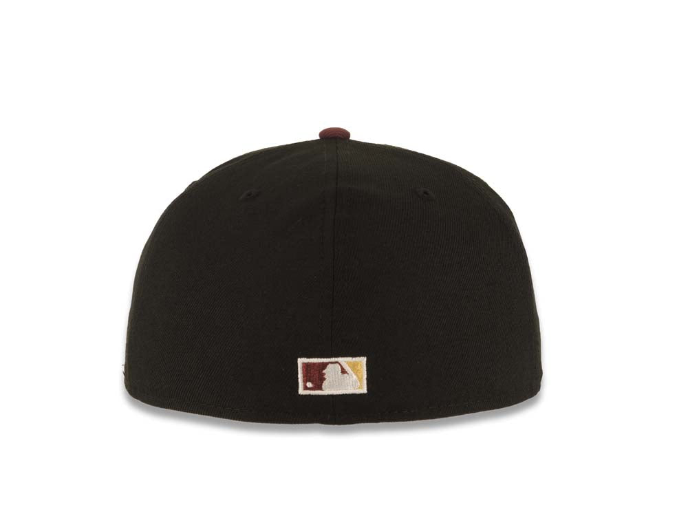 San Diego Padres New Era MLB 59FIFTY 5950 Fitted Cap Hat Black Crown Maroon Visor Maroon/Yellow Swinging Friar Logo Gray UV