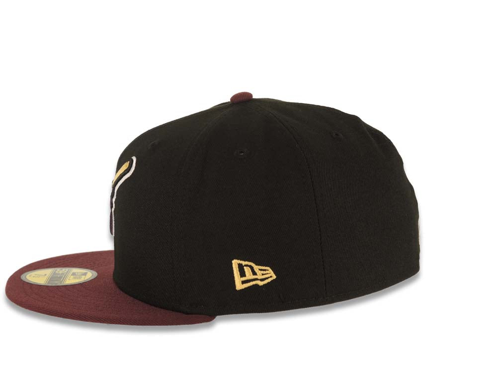 San Diego Padres New Era MLB 59FIFTY 5950 Fitted Cap Hat Black Crown Maroon Visor Maroon/Yellow Swinging Friar Logo Gray UV