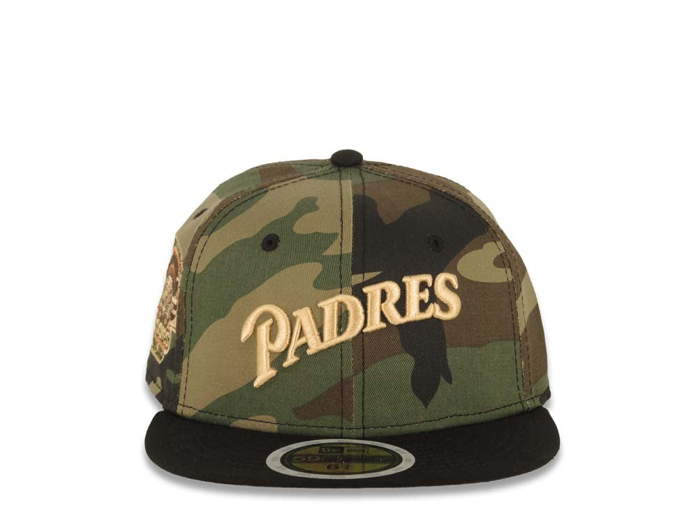 (Youth) San Diego Padres New Era MLB 59FIFTY 5950 Kid Fitted Cap Hat Camo Crown Black Visor Light Khaki Script/Text Logo 1969-2003 Stadium Side Patch