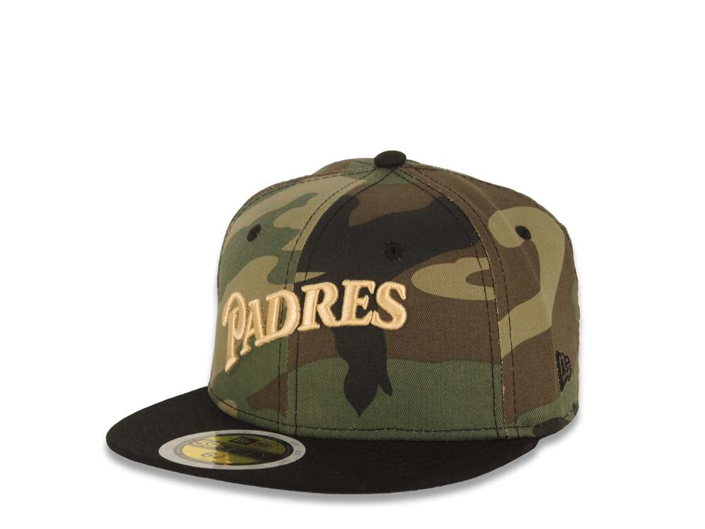 (Youth) San Diego Padres New Era MLB 59FIFTY 5950 Kid Fitted Cap Hat Camo Crown Black Visor Light Khaki Script/Text Logo 1969-2003 Stadium Side Patch