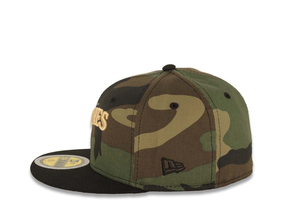 (Youth) San Diego Padres New Era MLB 59FIFTY 5950 Kid Fitted Cap Hat Camo Crown Black Visor Light Khaki Script/Text Logo 1969-2003 Stadium Side Patch