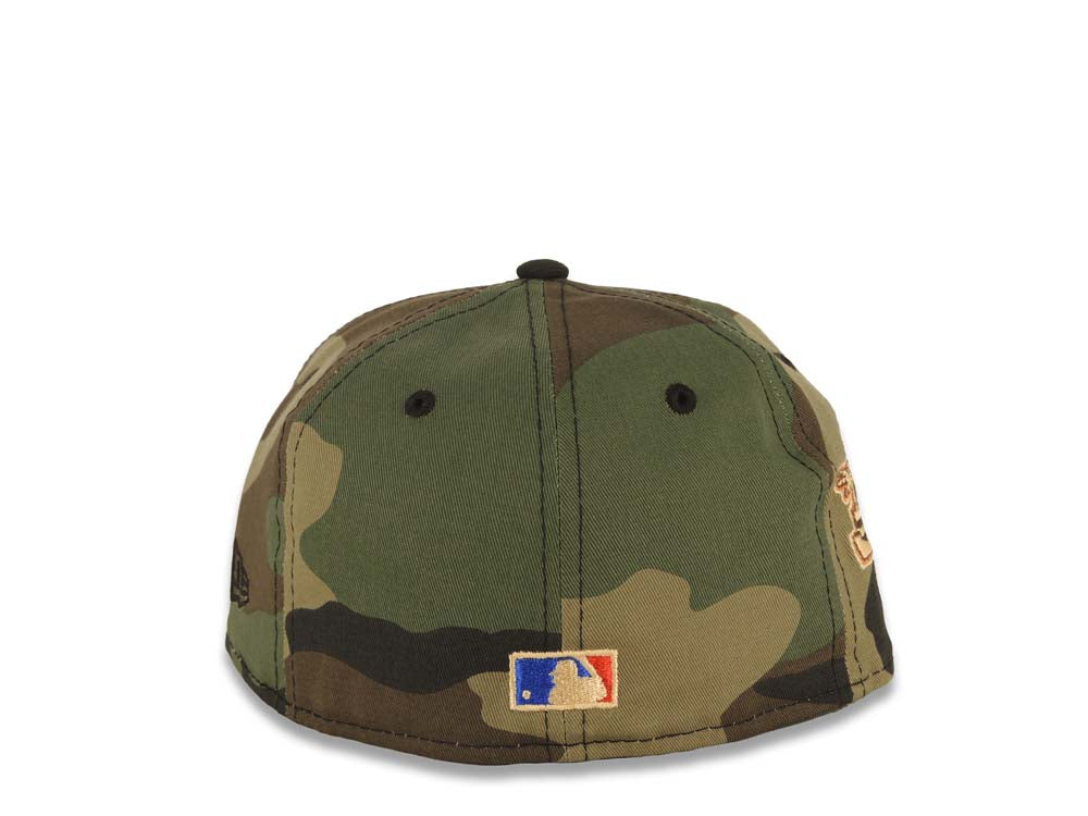 (Youth) San Diego Padres New Era MLB 59FIFTY 5950 Kid Fitted Cap Hat Camo Crown Black Visor Light Khaki Script/Text Logo 1969-2003 Stadium Side Patch