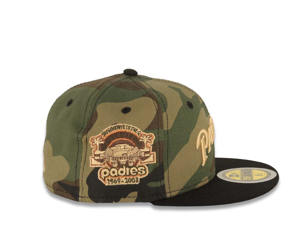(Youth) San Diego Padres New Era MLB 59FIFTY 5950 Kid Fitted Cap Hat Camo Crown Black Visor Light Khaki Script/Text Logo 1969-2003 Stadium Side Patch