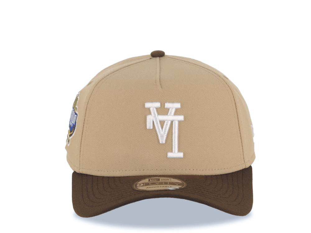 Los Angeles Dodgers New Era MLB 9FORTY 940 A-Frame Adjustable Cap Hat Khaki Crown Brown Visor White Upside Down Logo Stadium Side Patch Gray UV