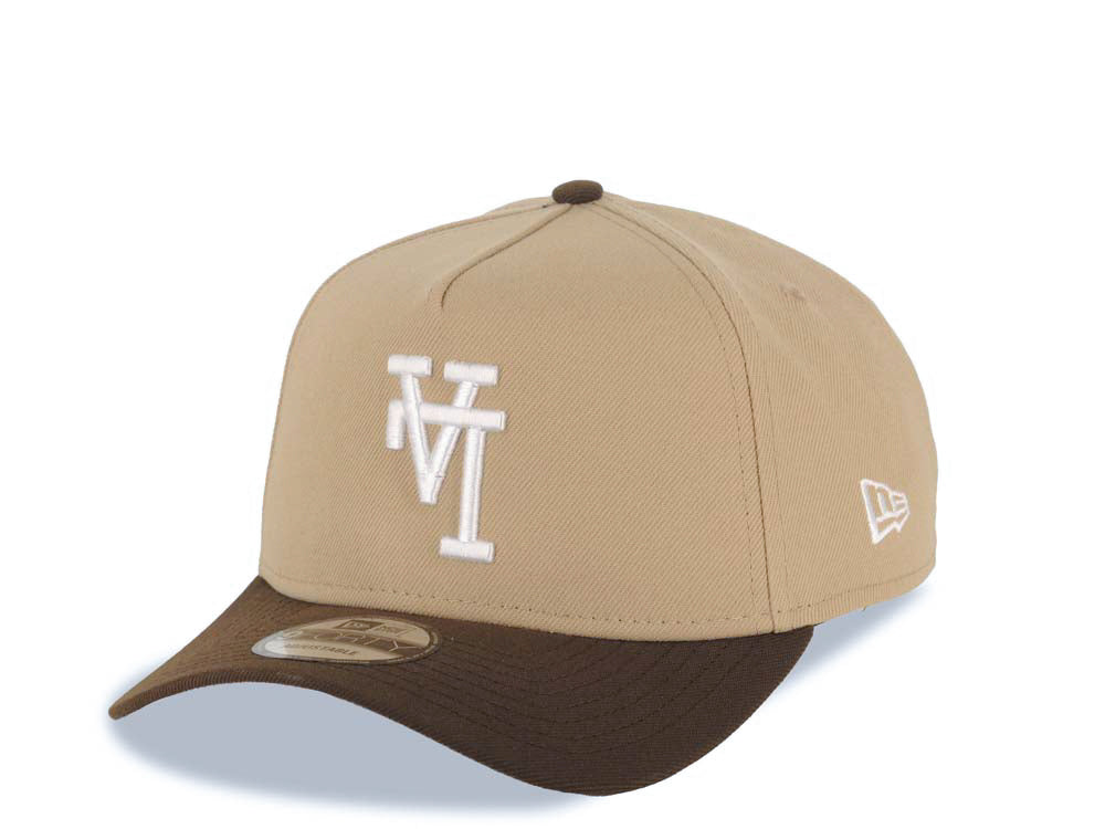 Los Angeles Dodgers New Era MLB 9FORTY 940 A-Frame Adjustable Cap Hat Khaki Crown Brown Visor White Upside Down Logo Stadium Side Patch Gray UV