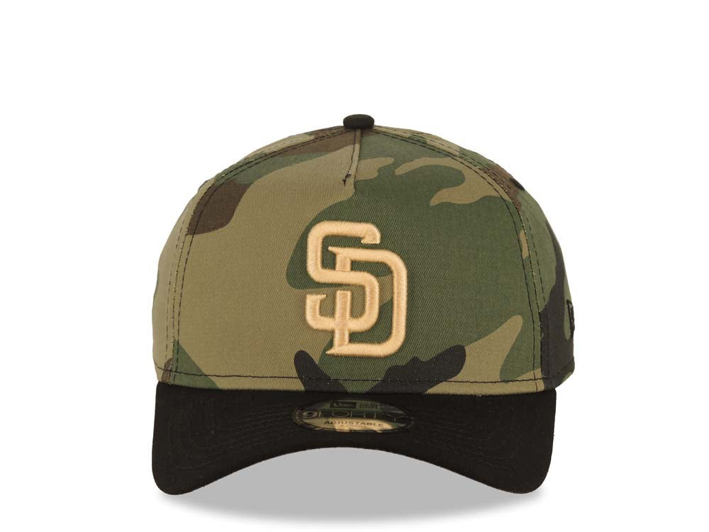 San Diego Padres New Era MLB 9FORTY 940 A-Frame Adjustable Cap Hat Camo Crown Black Visor Light Khaki Logo Gray UV