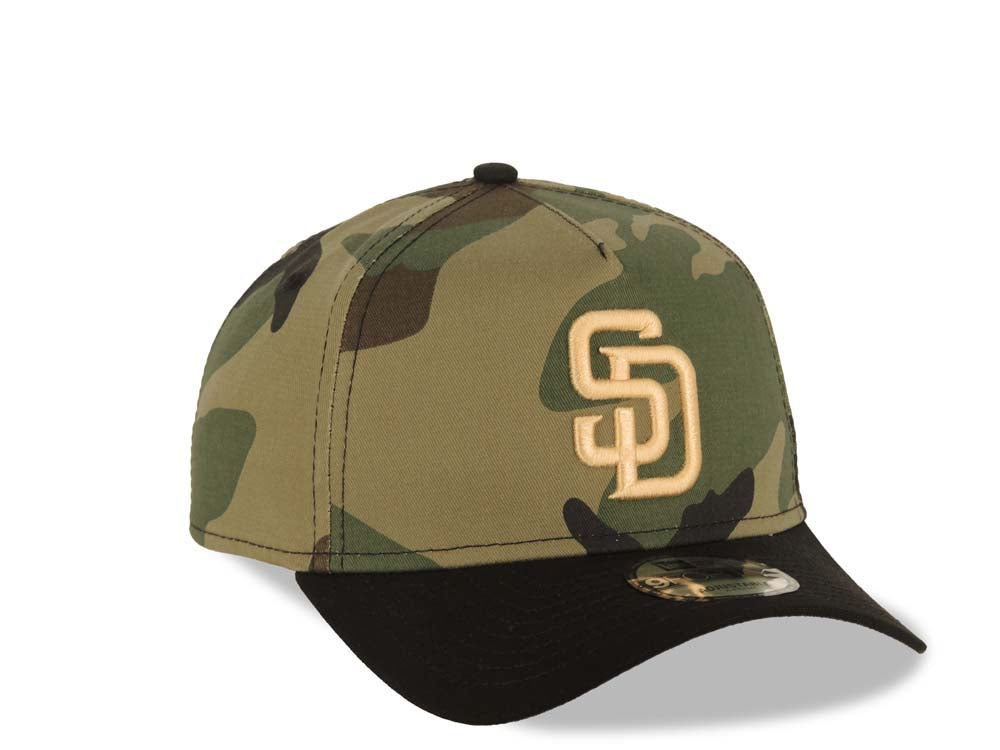 San Diego Padres New Era MLB 9FORTY 940 A-Frame Adjustable Cap Hat Camo Crown Black Visor Light Khaki Logo Gray UV