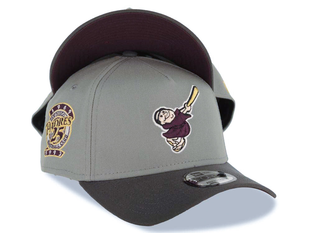 San Diego Padres New Era MLB 9FORTY 940 Adjustable A-Frame Cap Hat Gray Crown Dark Gray Visor Maroon/Yellow Swinging Friar Logo 25th Anniversary Side Patch