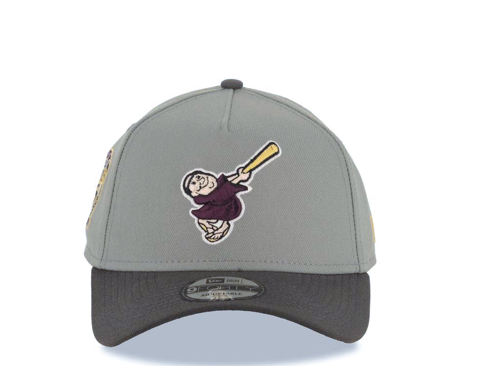 San Diego Padres New Era MLB 9FORTY 940 Adjustable A-Frame Cap Hat Gray Crown Dark Gray Visor Maroon/Yellow Swinging Friar Logo 25th Anniversary Side Patch
