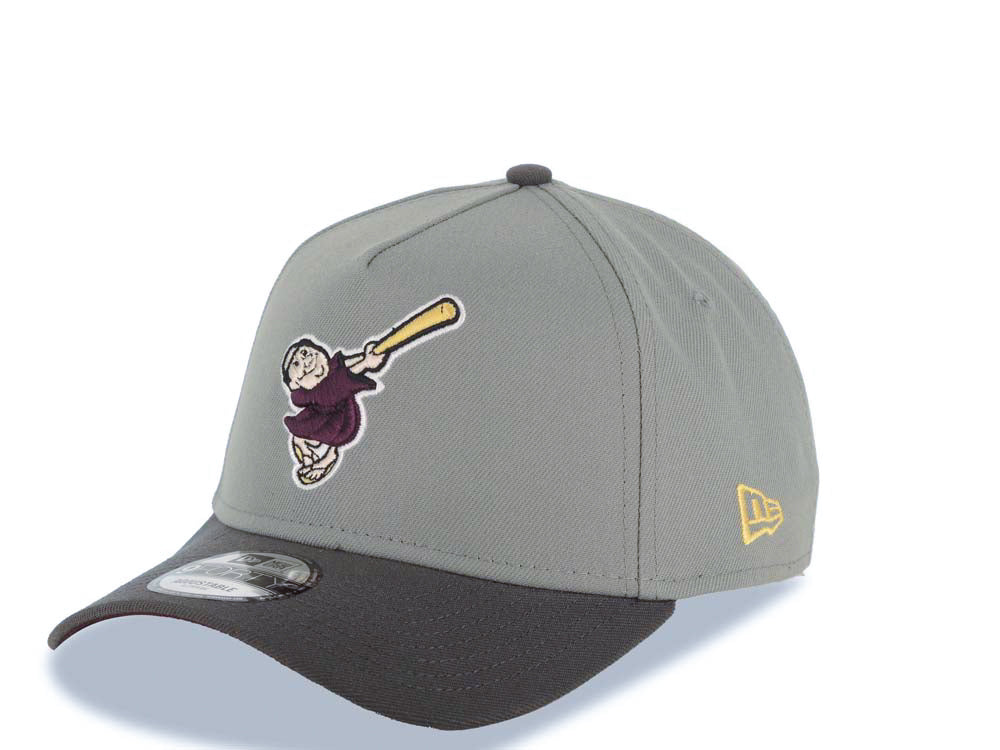 San Diego Padres New Era MLB 9FORTY 940 Adjustable A-Frame Cap Hat Gray Crown Dark Gray Visor Maroon/Yellow Swinging Friar Logo 25th Anniversary Side Patch
