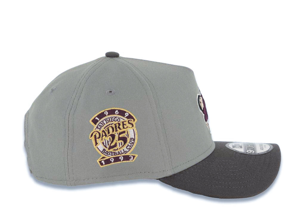 San Diego Padres New Era MLB 9FORTY 940 Adjustable A-Frame Cap Hat Gray Crown Dark Gray Visor Maroon/Yellow Swinging Friar Logo 25th Anniversary Side Patch