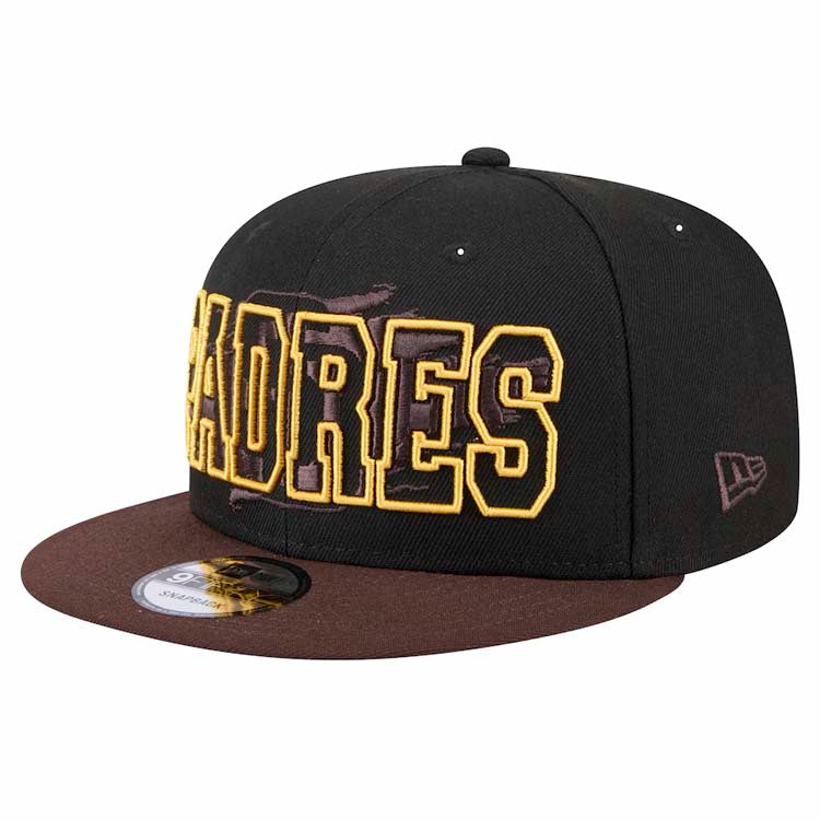 San Diego Padres New Era MLB 9FIFTY 950 Snapback Cap Hat Black Crown Brown Visor Text Logo Splatter