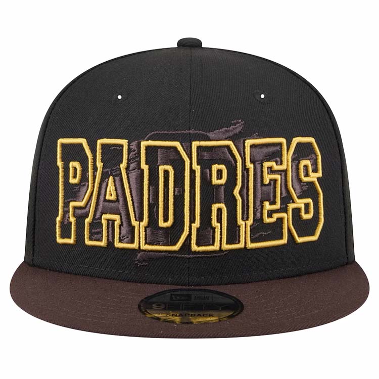 San Diego Padres New Era MLB 9FIFTY 950 Snapback Cap Hat Black Crown Brown Visor Text Logo Splatter