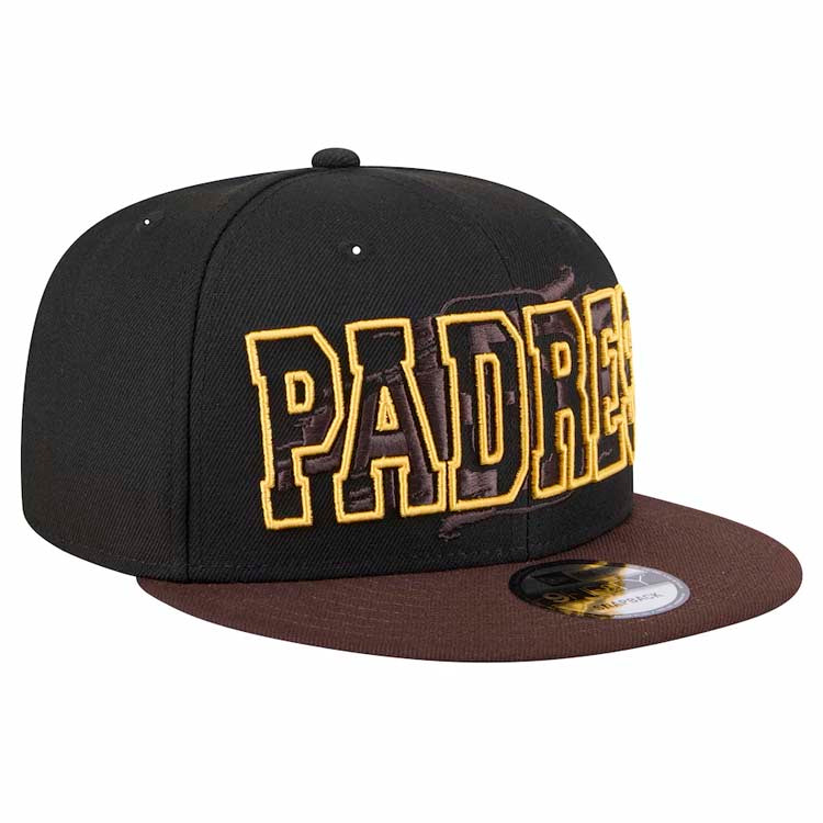 San Diego Padres New Era MLB 9FIFTY 950 Snapback Cap Hat Black Crown Brown Visor Text Logo Splatter