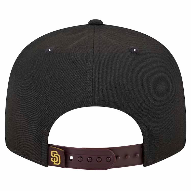 San Diego Padres New Era MLB 9FIFTY 950 Snapback Cap Hat Black Crown Brown Visor Text Logo Splatter
