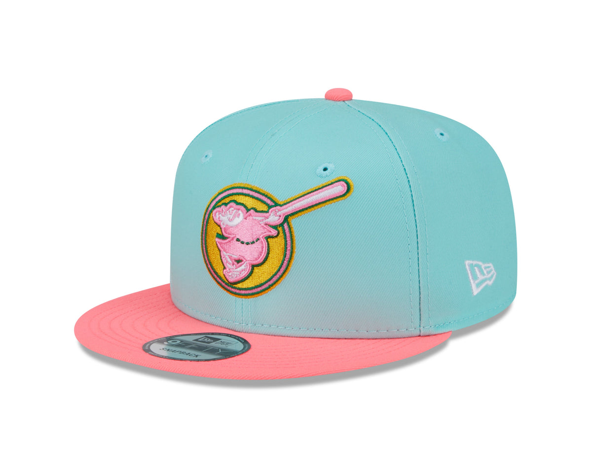 (City Connect) San Diego Padres New Era MLB 9FIFTY 950 Snapback Cap Hat Teal Crown Magenta Visor Yellow/Magenta Swing Friar Logo
