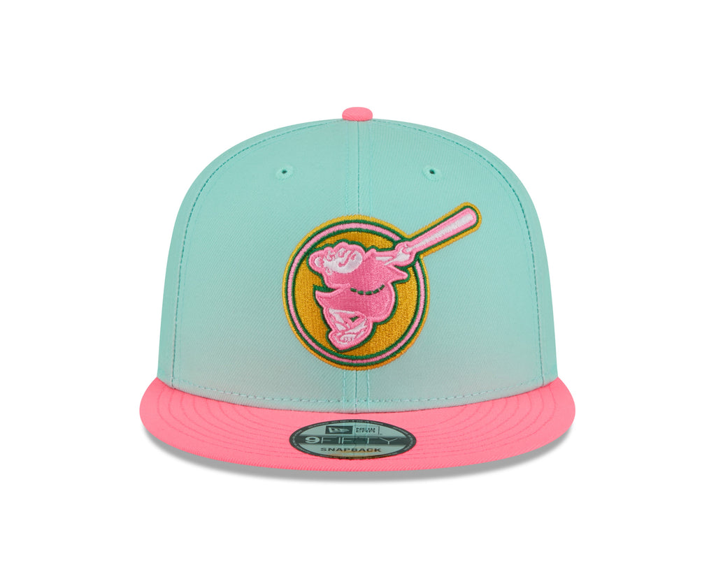 (City Connect) San Diego Padres New Era MLB 9FIFTY 950 Snapback Cap Hat Teal Crown Magenta Visor Yellow/Magenta Swing Friar Logo