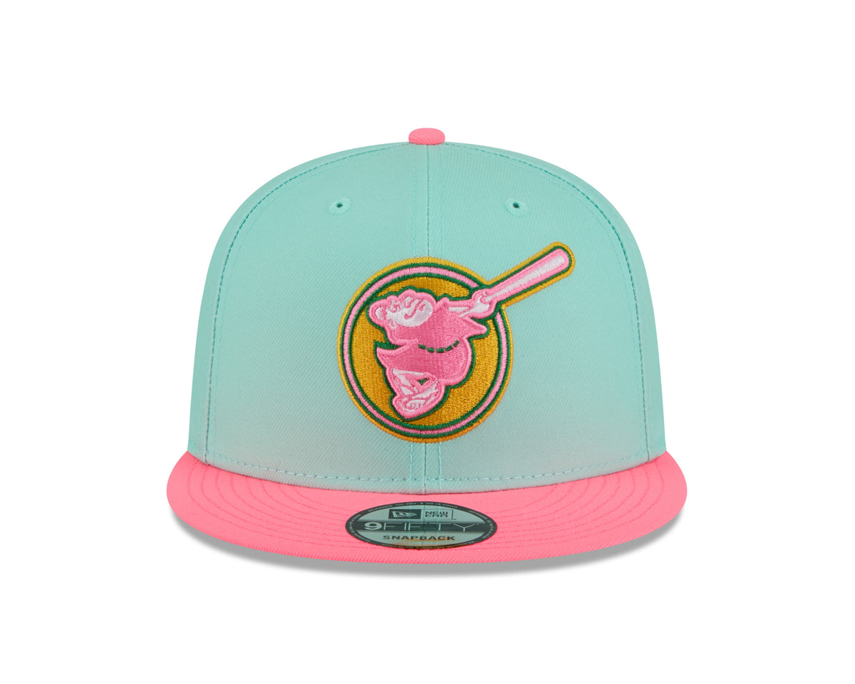 (City Connect) San Diego Padres New Era MLB 9FIFTY 950 Snapback Cap Hat Teal Crown Magenta Visor Yellow/Magenta Swing Friar Logo