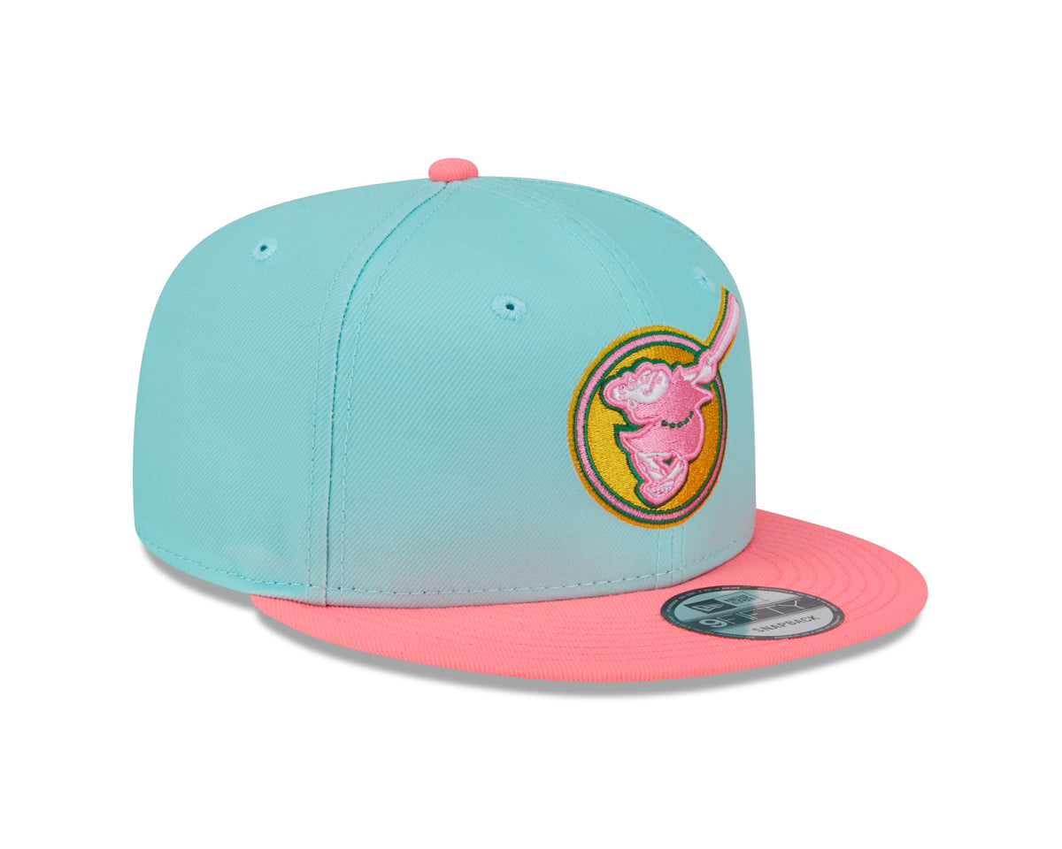 (City Connect) San Diego Padres New Era MLB 9FIFTY 950 Snapback Cap Hat Teal Crown Magenta Visor Yellow/Magenta Swing Friar Logo