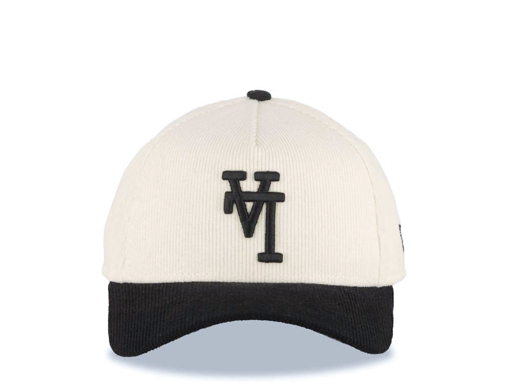 (Corduroy) Los Angeles Dodgers New Era MLB 9FORTY 940 Adjustable A-Frame Cap Hat Cream Crown Black Visor Black Upside Down Logo