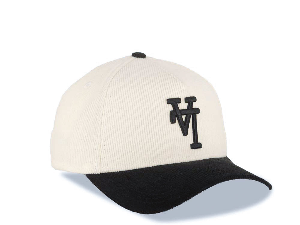 (Corduroy) Los Angeles Dodgers New Era MLB 9FORTY 940 Adjustable A-Frame Cap Hat Cream Crown Black Visor Black Upside Down Logo