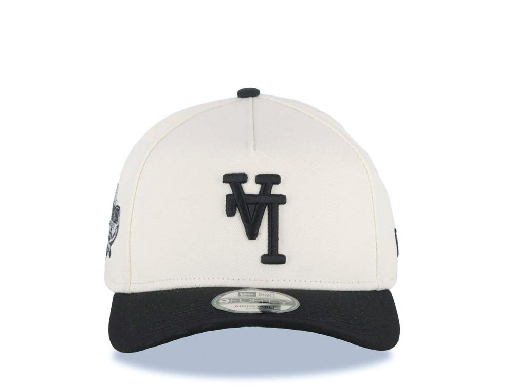 Los Angeles Dodgers New Era MLB 9FORTY 940 Adjustable A-Frame Cap Hat Cream Crown Black Visor Black Upside Down Logo Stadium Side Patch Green UV