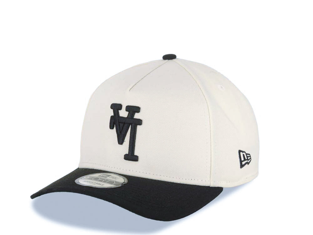 Los Angeles Dodgers New Era MLB 9FORTY 940 Adjustable A-Frame Cap Hat Cream Crown Black Visor Black Upside Down Logo Stadium Side Patch Green UV