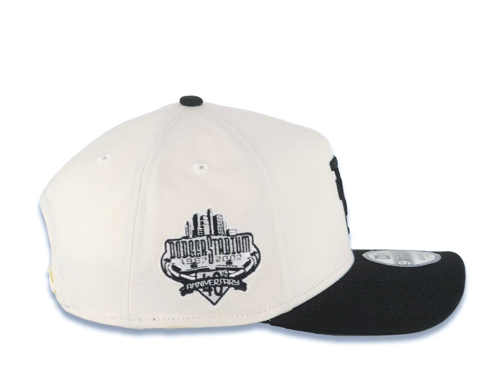 Los Angeles Dodgers New Era MLB 9FORTY 940 Adjustable A-Frame Cap Hat Cream Crown Black Visor Black Upside Down Logo Stadium Side Patch Green UV