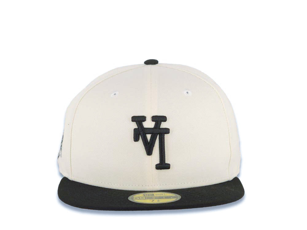 Los Angeles Dodgers New Era MLB 59FIFTY 5950 Fitted Cap Hat Cream Crown Black Visor Black Upside Down Logo 60th Anniversary Side Patch