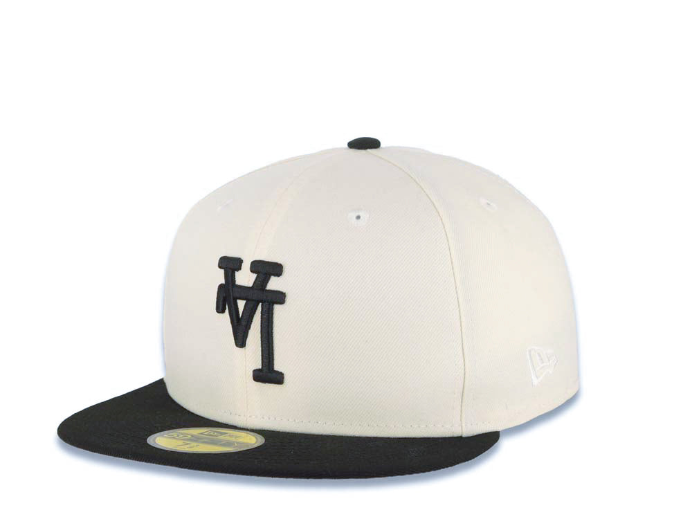 Los Angeles Dodgers New Era MLB 59FIFTY 5950 Fitted Cap Hat Cream Crown Black Visor Black Upside Down Logo 60th Anniversary Side Patch