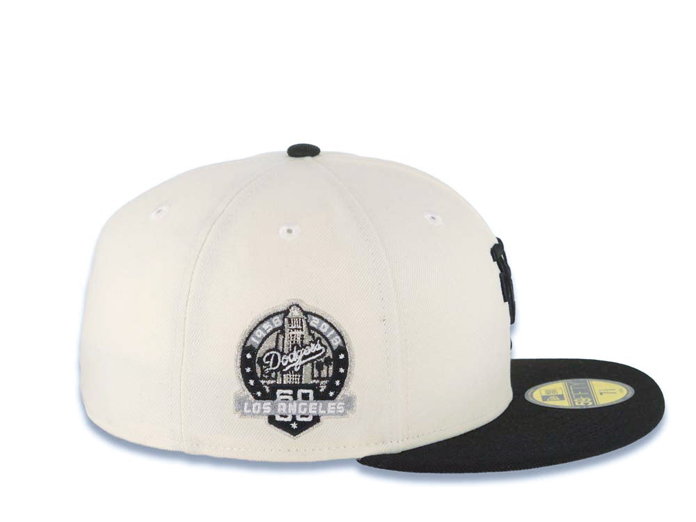 Los Angeles Dodgers New Era MLB 59FIFTY 5950 Fitted Cap Hat Cream Crown Black Visor Black Upside Down Logo 60th Anniversary Side Patch