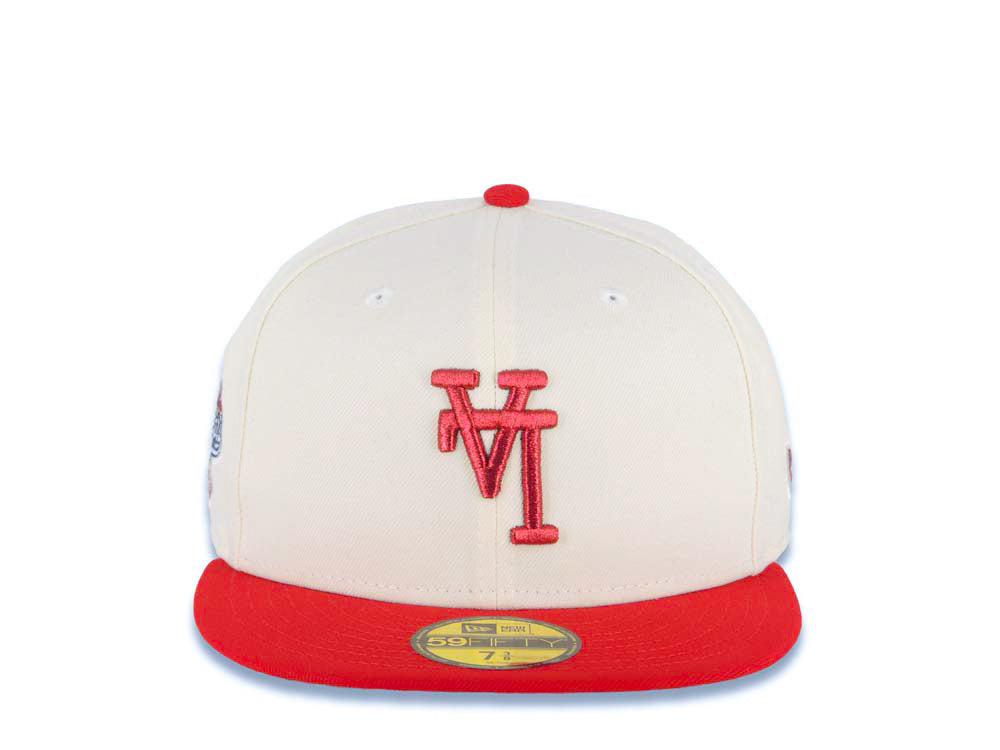 Los Angeles Dodgers New Era MLB 59FIFTY 5950 Fitted Cap Hat Cream Crown Red Visor Red Upside Down Logo 100th Anniversary Side Patch
