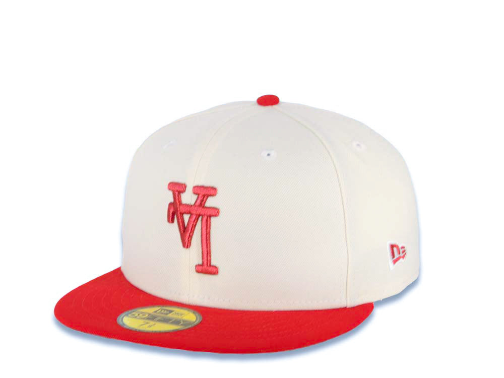 Los Angeles Dodgers New Era MLB 59FIFTY 5950 Fitted Cap Hat Cream Crown Red Visor Red Upside Down Logo 100th Anniversary Side Patch