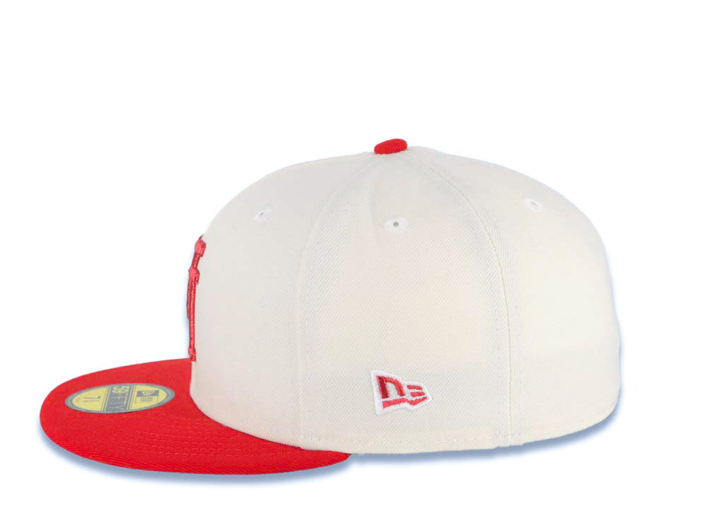 Los Angeles Dodgers New Era MLB 59FIFTY 5950 Fitted Cap Hat Cream Crown Red Visor Red Upside Down Logo 100th Anniversary Side Patch