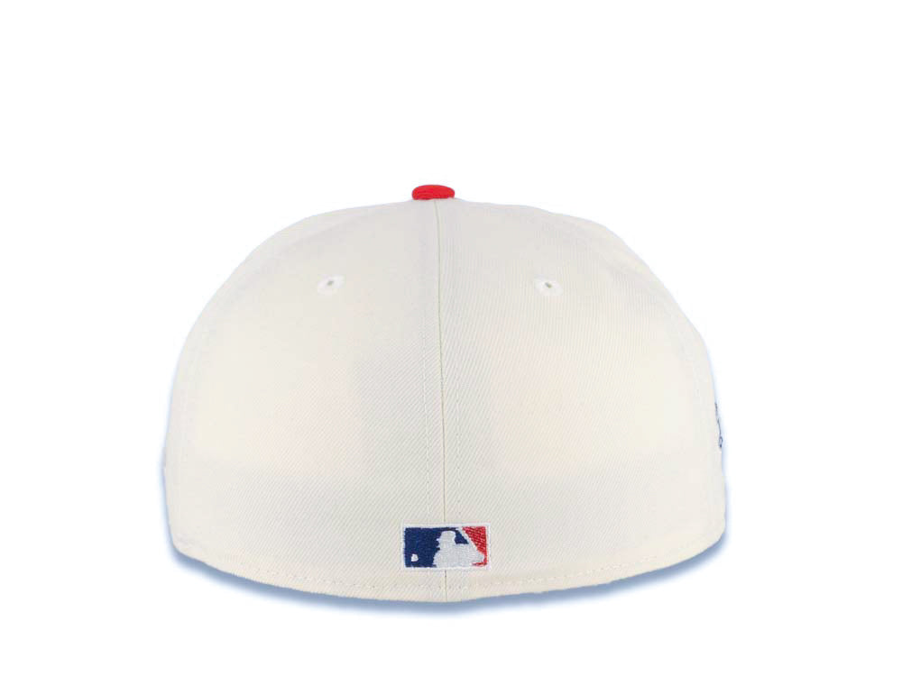 Los Angeles Dodgers New Era MLB 59FIFTY 5950 Fitted Cap Hat Cream Crown Red Visor Red Upside Down Logo 100th Anniversary Side Patch