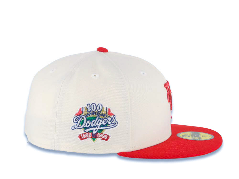 Los Angeles Dodgers New Era MLB 59FIFTY 5950 Fitted Cap Hat Cream Crown Red Visor Red Upside Down Logo 100th Anniversary Side Patch