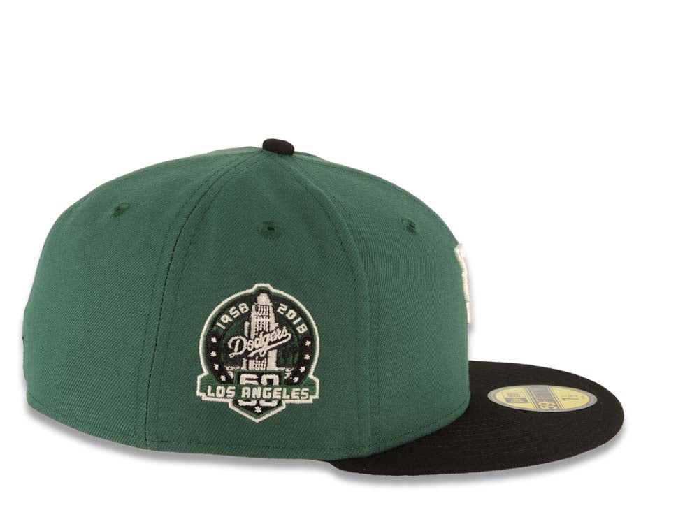Los Angeles Dodgers New Era MLB 59FIFTY 5950 Fitted Cap Hat Green Crown Black Visor White Upside Down Logo 60th Anniversary Side Patch