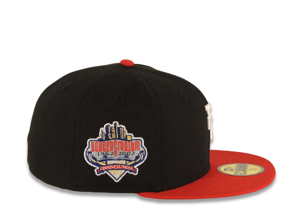 Los Angeles Dodgers New Era MLB 59FIFTY 5950 Fitted Cap Hat Black Crown Red Visor White Upside Down Logo 40th Anniversary Stadium Side Patch Gray UV